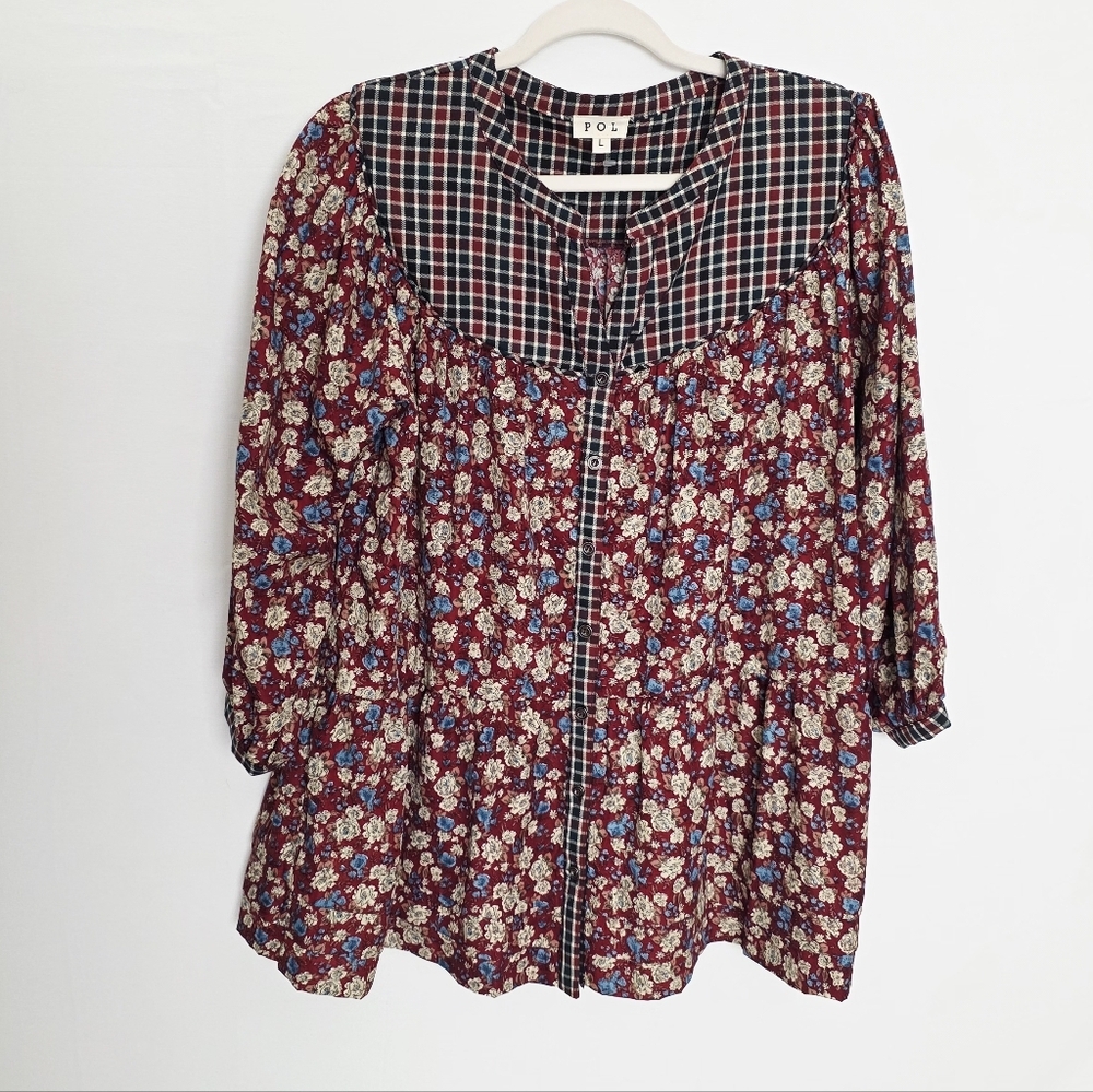 POL Floral Plaid Print Button Down Cottagecore Relaxed Fit Women's Blouse Size L
